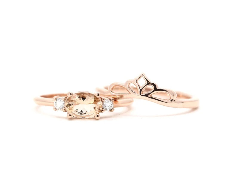 14K MORGANITE DIAMOND PLAIN CROWN BAND 2 RING SET