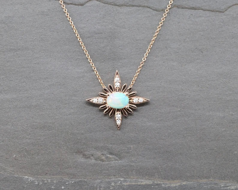 14K OPAL DIAMOND STARBURST NECKLACE