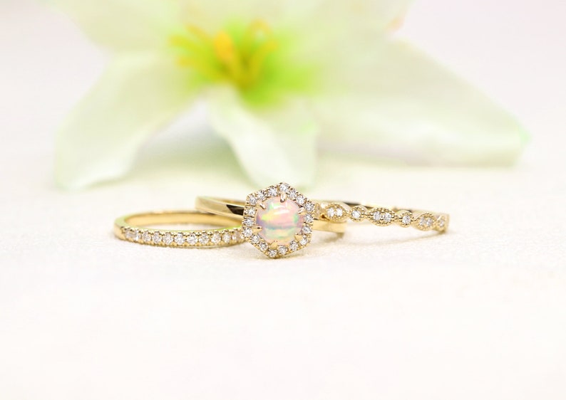 14K OPAL DIAMOND HALO HEXAGON RING ART DECO BAND 3 RING SET