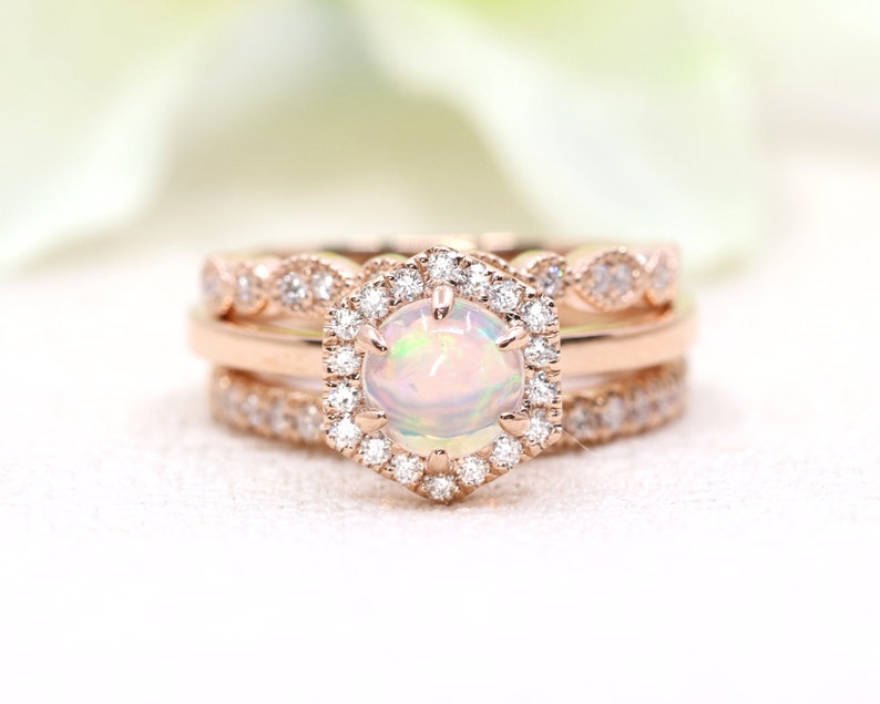 14K OPAL DIAMOND HALO HEXAGON RING ART DECO BAND 3 RING SET