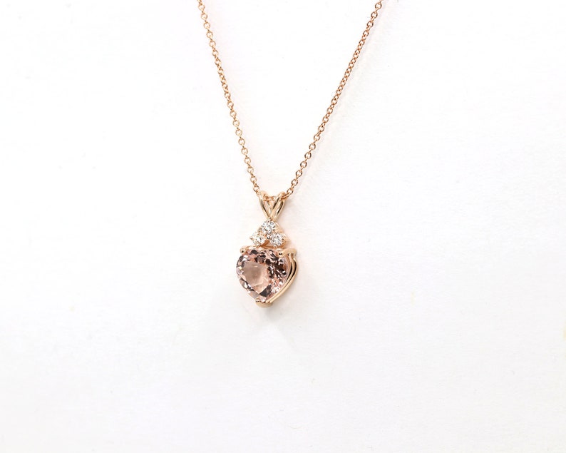 14K HEART MORGANITE 3 DIAMOND NECKLACE