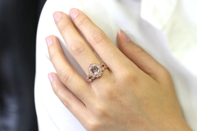 14K MORGANITE DIAMOND FLORAL ENGAGEMENT RING