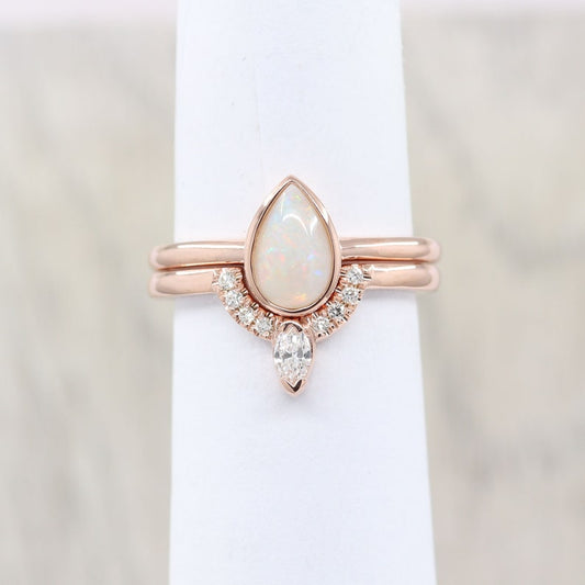 14K PEAR OPAL BEZEL RING MARQUISE DIAMOND U BAND 2 RING SET