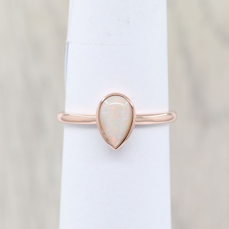 14K PEAR OPAL BEZEL RING PLAIN CURVE BAND 2 RING SET