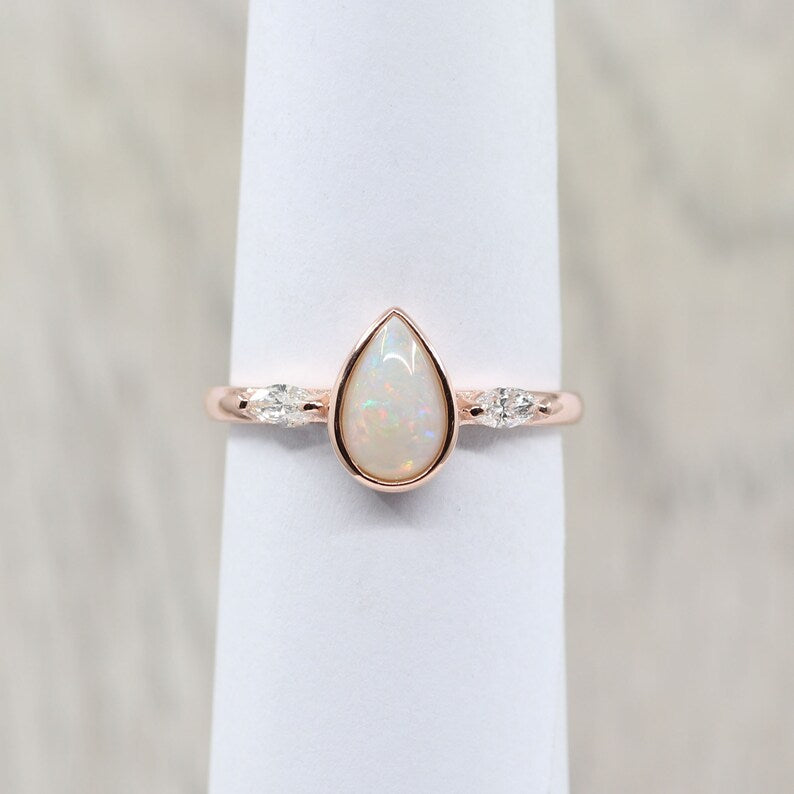 14K PEAR OPAL MARQUISE DIAMOND BEZEL SOLITAIRE RING