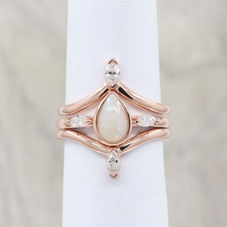 14K PEAR OPAL BEZEL RING MARQUISE DIAMOND CURVE BAND 3 RING SET