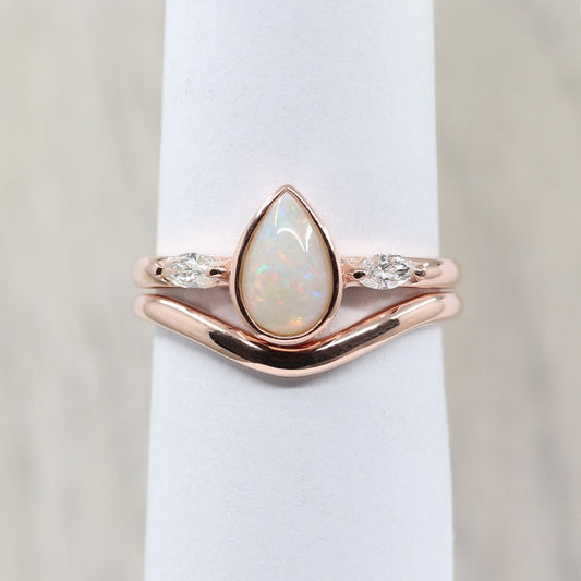 14K PEAR OPAL BEZEL RING PLAIN CURVE BAND 2 RING SET