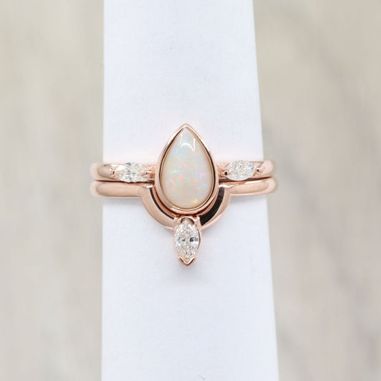 14K PEAR OPAL BEZEL RING MARQUISE DIAMOND U BAND 2 RING SET