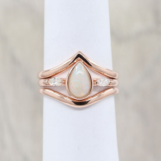 14K PEAR OPAL BEZEL RING PLAIN CURVE BAND 3 RING SET