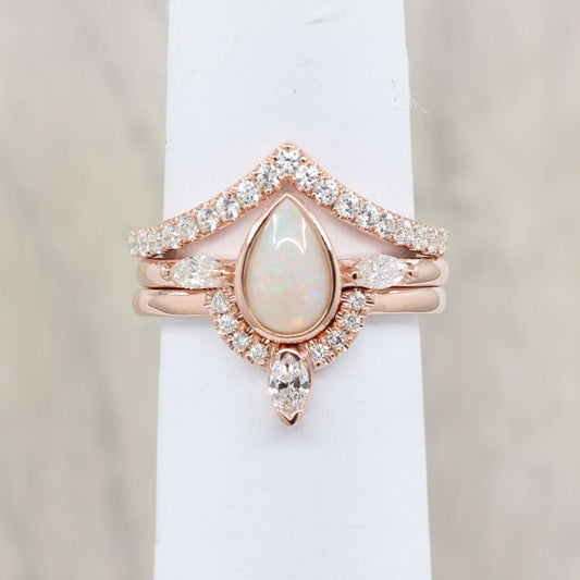 14K PEAR OPAL BEZEL RING DIAMOND CHEVRON BAND 3 RING SET