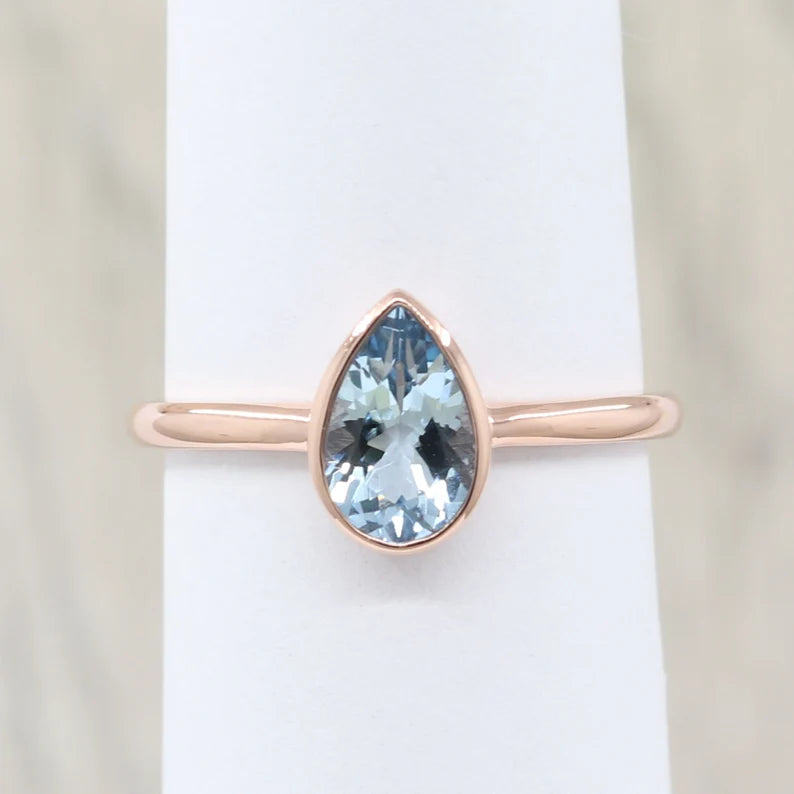 14K PEAR AQUAMARINE BEZEL SOLITAIRE RING