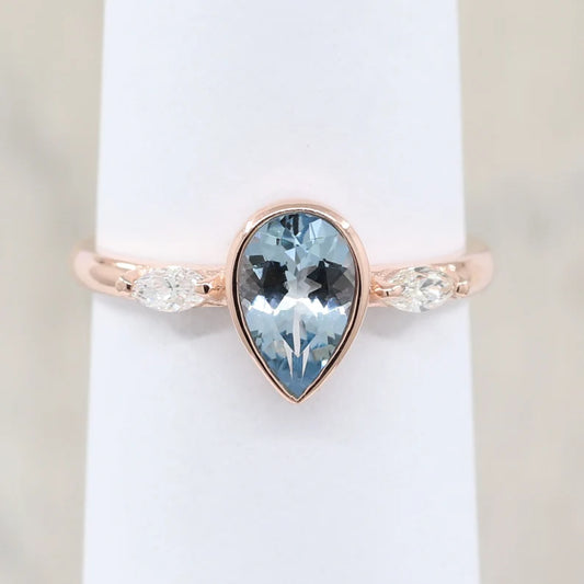 14K PEAR AQUAMARINE BEZEL MARQUISE DIAMOND RING