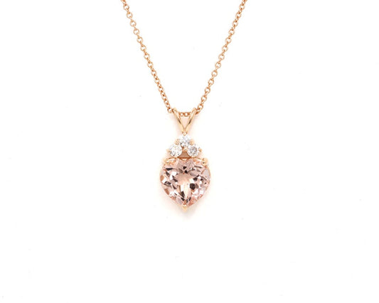 14K HEART MORGANITE 3 DIAMOND NECKLACE