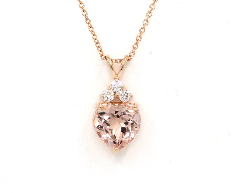 14K HEART MORGANITE 3 DIAMOND NECKLACE