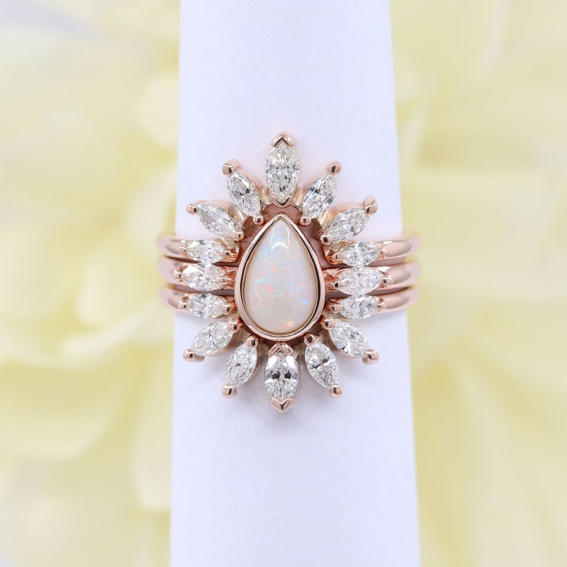 14K PEAR OPAL BEZEL RING MARQUISE DIAMOND CROWN U BAND 3 RING SET