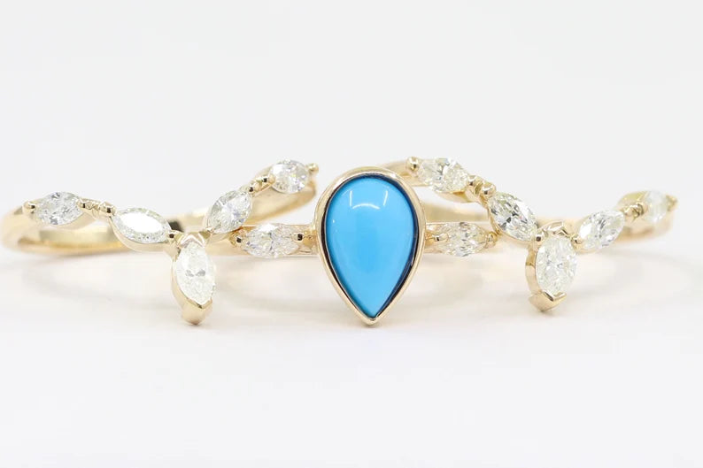 14K TURQUOISE BEZEL RING MARQUISE DIAMOND CHEVRON BAND 3 RING SET