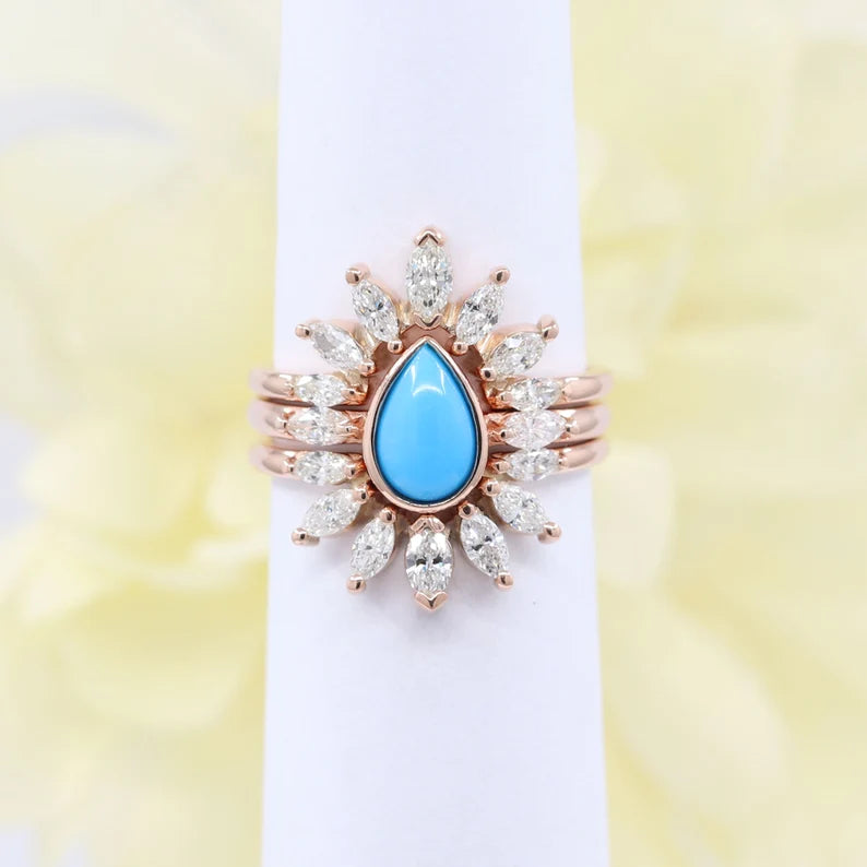 14K TURQUOISE BEZEL RING MARQUISE DIAMOND BAND 3 RING SET