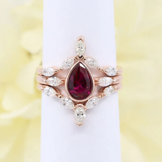 14K RUBY BEZEL RING MARQUISE DIAMOND CHEVRON BAND 3 RING SET