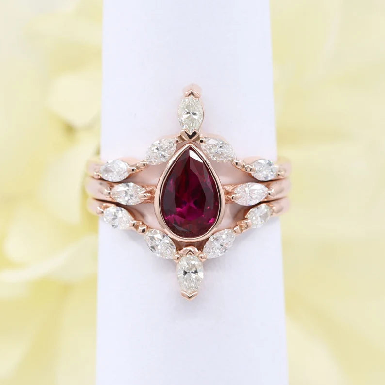 14K LAB RUBY BEZEL RING MARQUISE DIAMOND CHEVRON BAND 3 RING SET