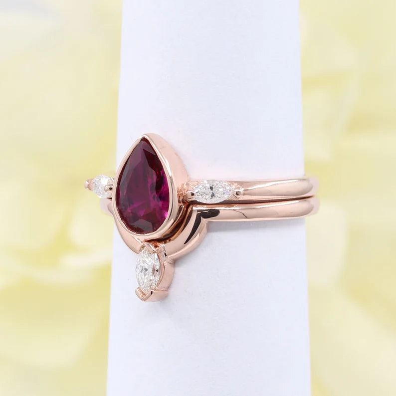 14K LAB RUBY BEZEL RING MARQUISE DIAMOND CROWN U BAND 2 RING SET