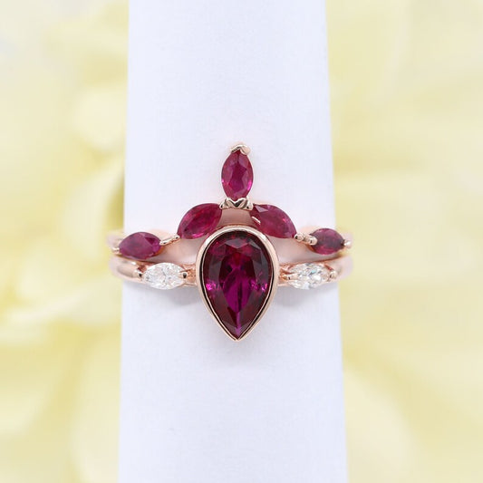 14K RUBY BEZEL RING MARQUISE RUBY CHEVRON BAND 2 RING SET