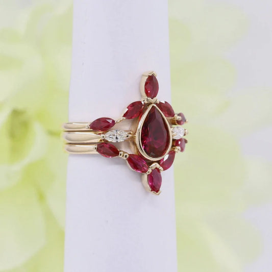 14K LAB RUBY BEZEL RING MARQUISE RUBY CHEVRON BAND 3 RING SET