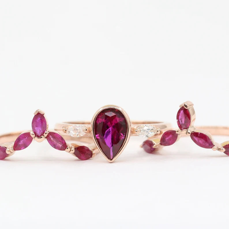 14K LAB RUBY BEZEL RING MARQUISE RUBY CHEVRON BAND 3 RING SET