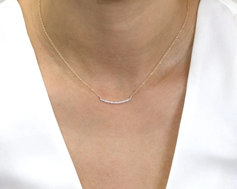 14K DIAMOND 1" CURVED BAR NECKLACE