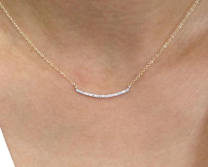 14K DIAMOND 1" CURVED BAR NECKLACE