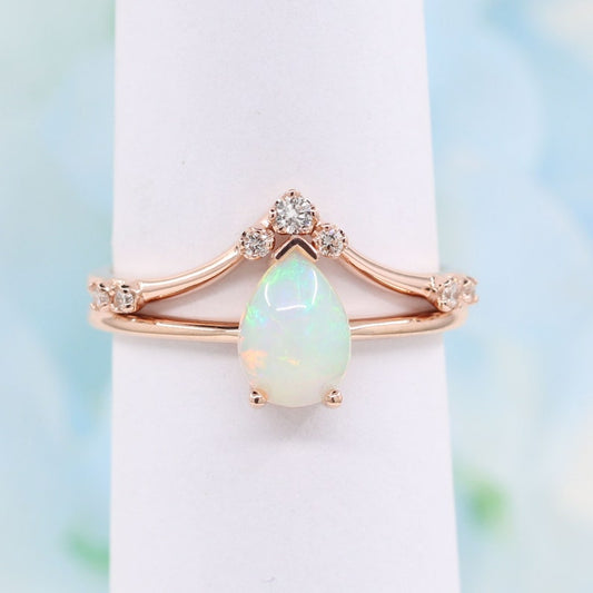 14K PEAR OPAL RING DIAMOND CHEVRON BAND 2 RING SET