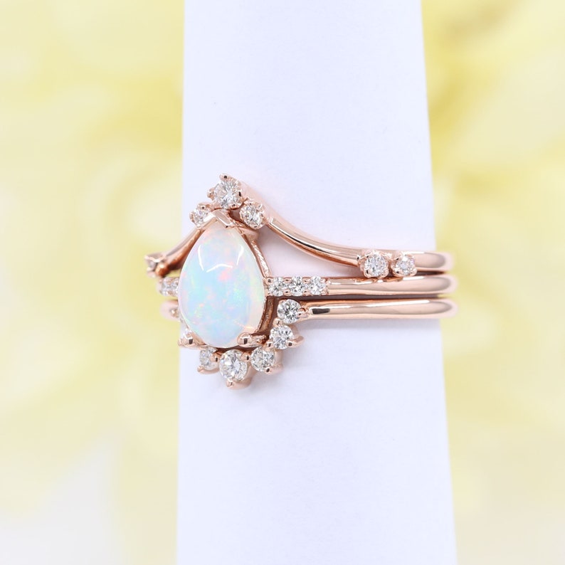 14K PEAR OPAL RING DIAMOND CHEVRON BAND 3 RING SET