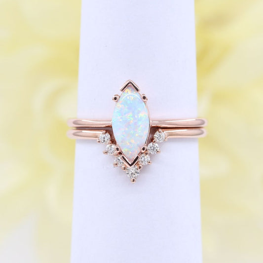 14K MARQUISE OPAL RING DIAMOND V BAND 2 RING SET