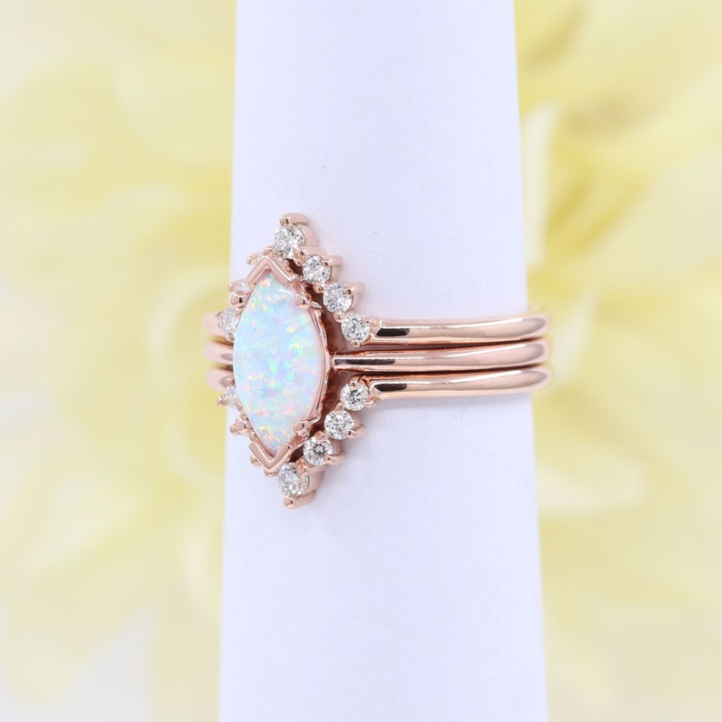 14K MARQUISE OPAL RING DIAMOND V BAND 3 RING SET