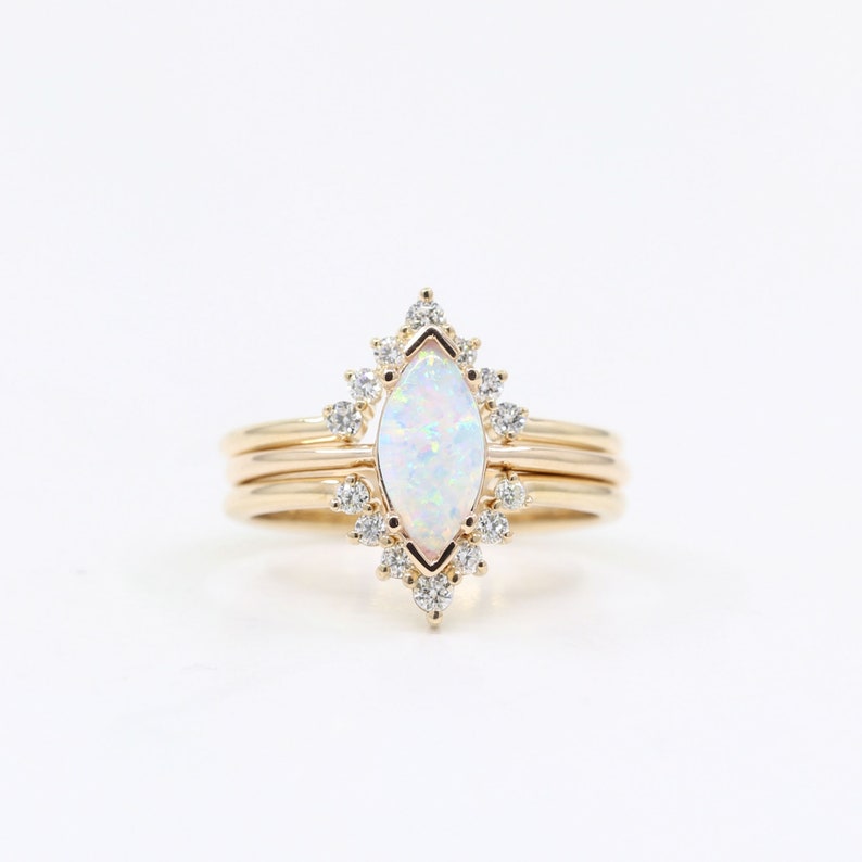 14K MARQUISE OPAL RING DIAMOND V BAND 3 RING SET