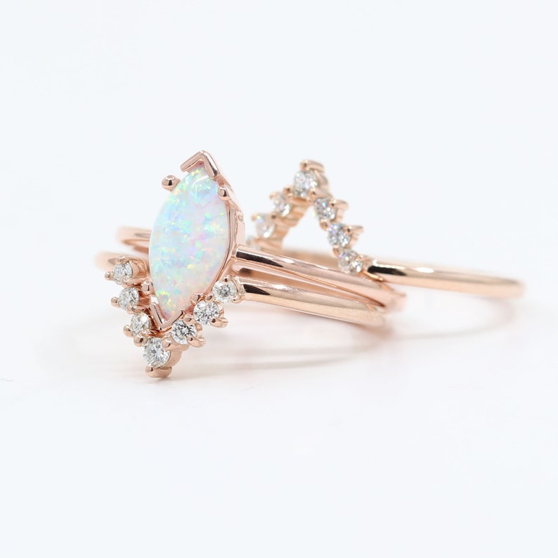 14K MARQUISE OPAL RING DIAMOND V BAND 3 RING SET