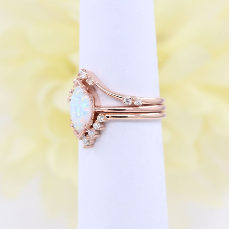 14K MARQUISE OPAL RING DIAMOND CHEVRON BAND 3 RING SET