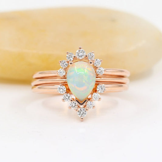 14K PEAR OPAL RING DIAMOND CROWN U BAND 3 RING SET