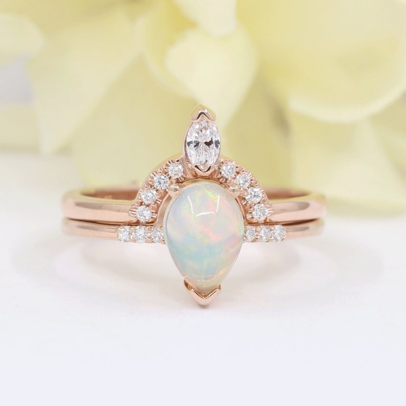 14K PEAR OPAL RING MARQUISE DIAMOND CROWN U BAND 2 RING SET