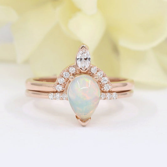 14K PEAR OPAL RING MARQUISE DIAMOND CROWN U BAND 2 RING SET