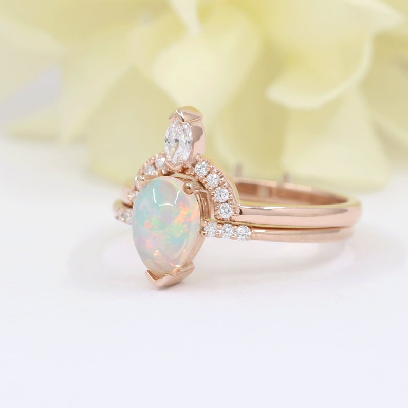 14K PEAR OPAL RING MARQUISE DIAMOND CROWN U BAND 2 RING SET