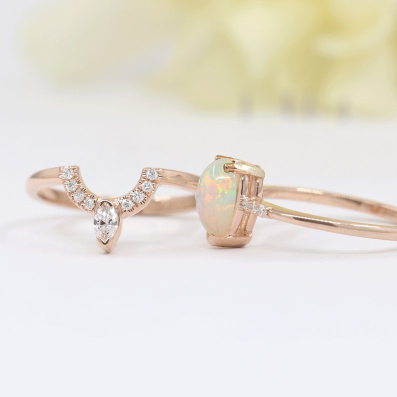 14K PEAR OPAL RING MARQUISE DIAMOND CROWN U BAND 2 RING SET