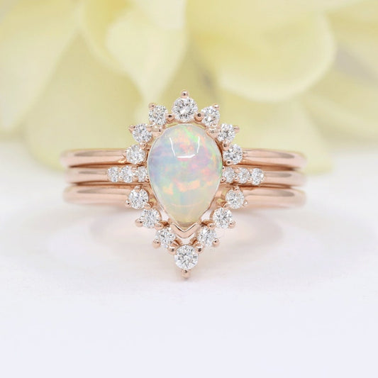 14K PEAR OPAL RING DIAMOND CROWN U BAND 3 RING SET