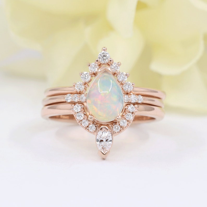 14K PEAR OPAL RING MARQUISE DIAMOND CROWN U BAND 3 RING SET