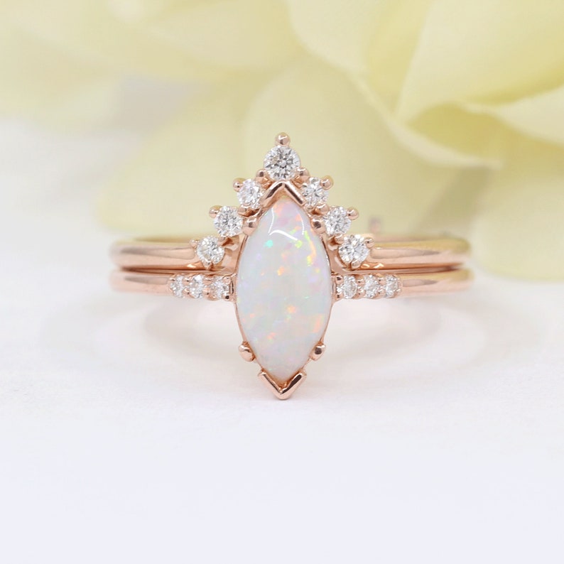 14K MARQUISE OPAL RING DIAMOND V BAND 2 RING SET