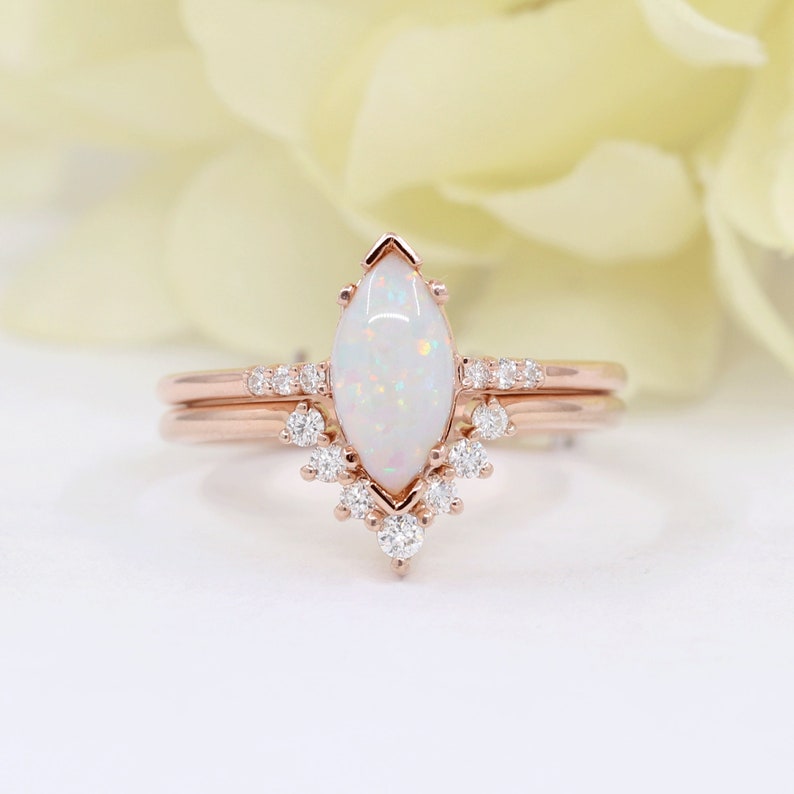 14K MARQUISE OPAL RING DIAMOND V BAND 2 RING SET