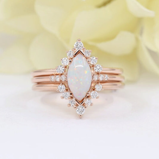 14K MARQUISE OPAL RING DIAMOND V BAND 3 RING SET