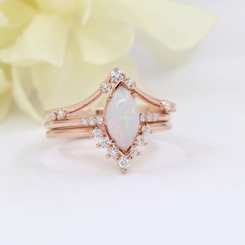 14K MARQUISE OPAL RING DIAMOND CHEVRON BAND 3 RING SET