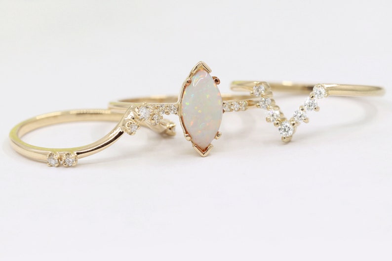 14K MARQUISE OPAL RING DIAMOND CHEVRON BAND 3 RING SET