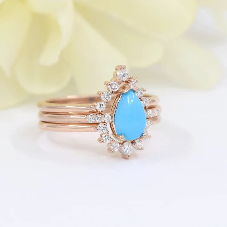 14K TURQUOISE RING DIAMOND CROWN U BNAD 3 RING SET