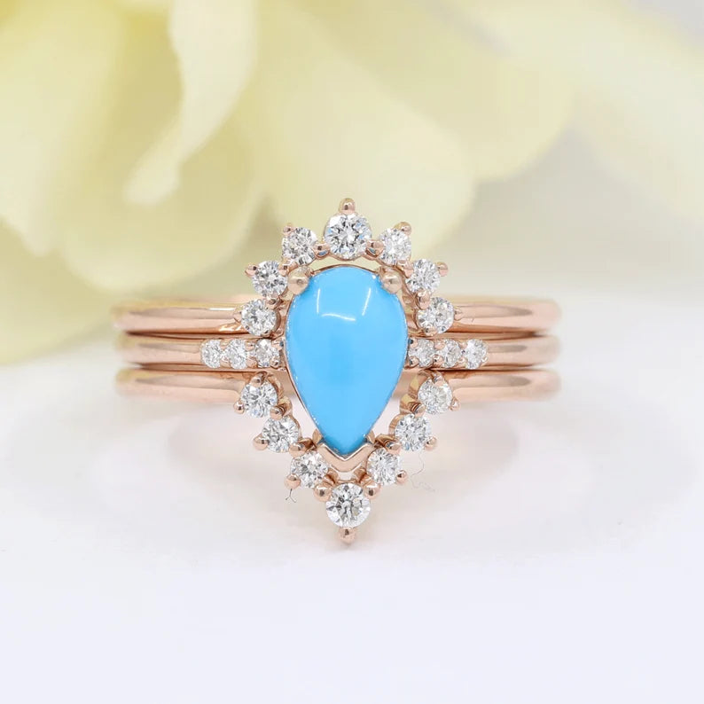 14K TURQUOISE RING DIAMOND CROWN U BNAD 3 RING SET